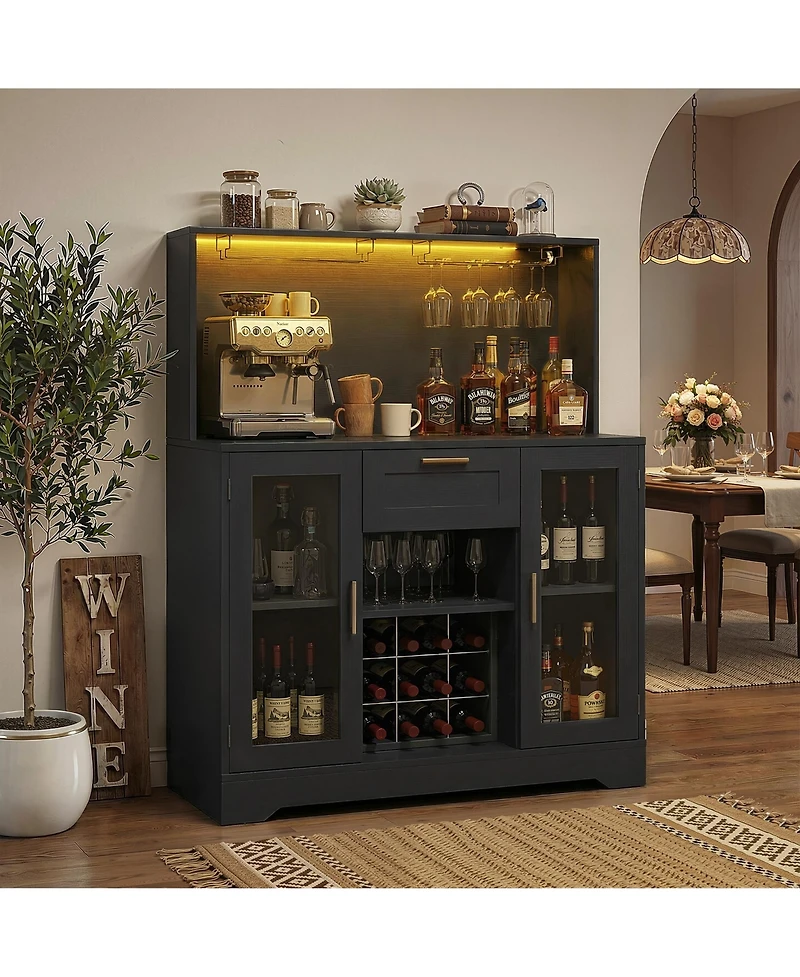 Aheaplus Kitchen Wine Bar Cabinet with Rack and Door, Coffee Buffet Table Storage Drawer
