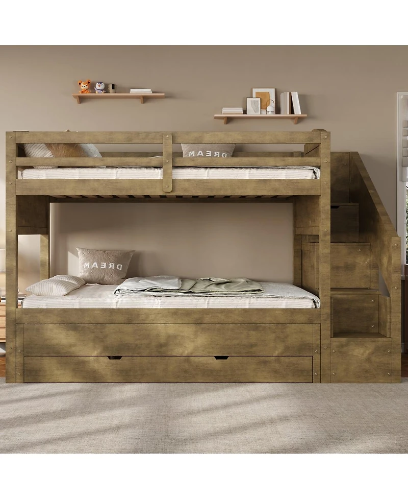 Streamdale Furniture Twin Xl Bunk Bed with Trundle, Storage Drawers, Staircase, and Wardrobe, Walnut