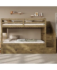 Streamdale Furniture Twin Xl Bunk Bed with Trundle, Storage Drawers, Staircase, and Wardrobe, Walnut