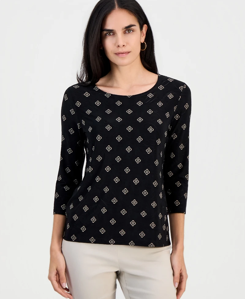 Jm Collection Petite Sofia Tile 3/4-Sleeve Jacquard Tee, Macy's Exclusive