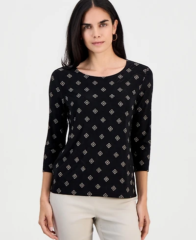 Jm Collection Petite Sofia Tile 3/4-Sleeve Jacquard Tee, Macy's Exclusive