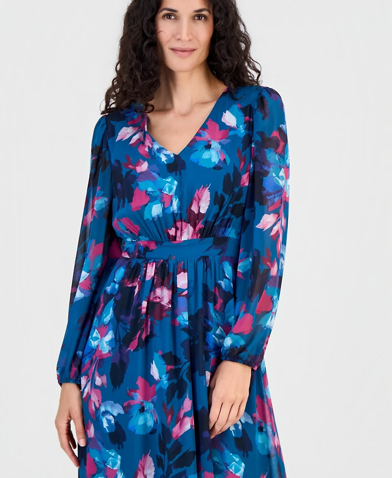 Kasper Women's Floral Balloon-Sleeve Smocked-Back Maxi Dress