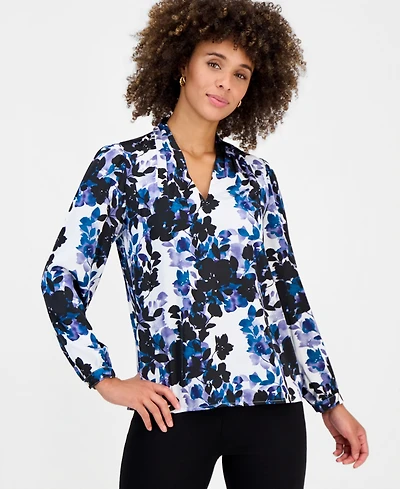 Kasper Petite Long-Sleeve V-Neck Pleated Shoulder Top