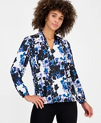 Kasper Petite Long-Sleeve V-Neck Pleated Shoulder Top