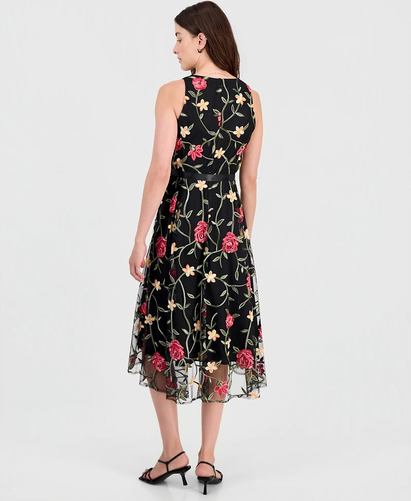Tahari Asl Women's Embroidered Belted Sleeveless Dress