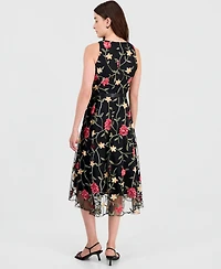Tahari Asl Women's Embroidered Belted Sleeveless Dress