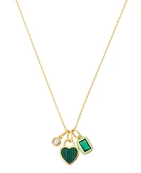 Unwritten Cubic Zirconia Gold-Tone Plated Malachite Stone Cluster Charm Necklace