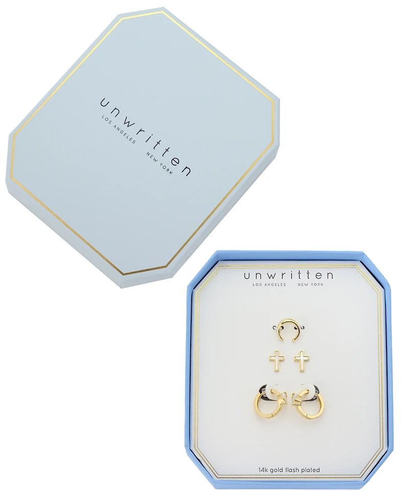 Unwritten Cubic Zirconia Gold-Tone Plated Cross Hoop and Stud Earring Trio Set