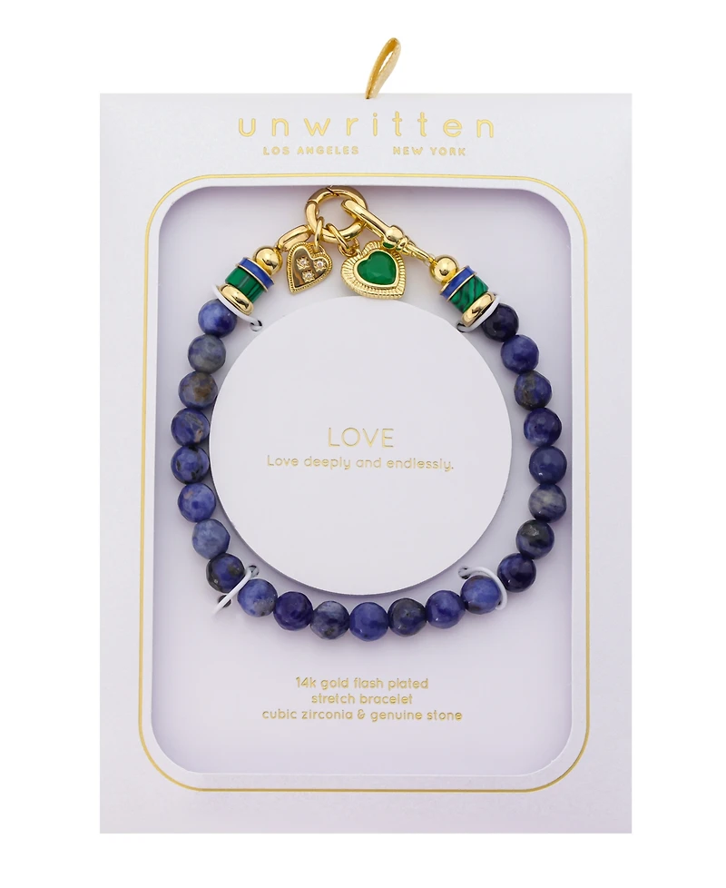 Unwritten Semi Precious Stone Gold-Tone Plated Heart Charm Stretch Bracelet