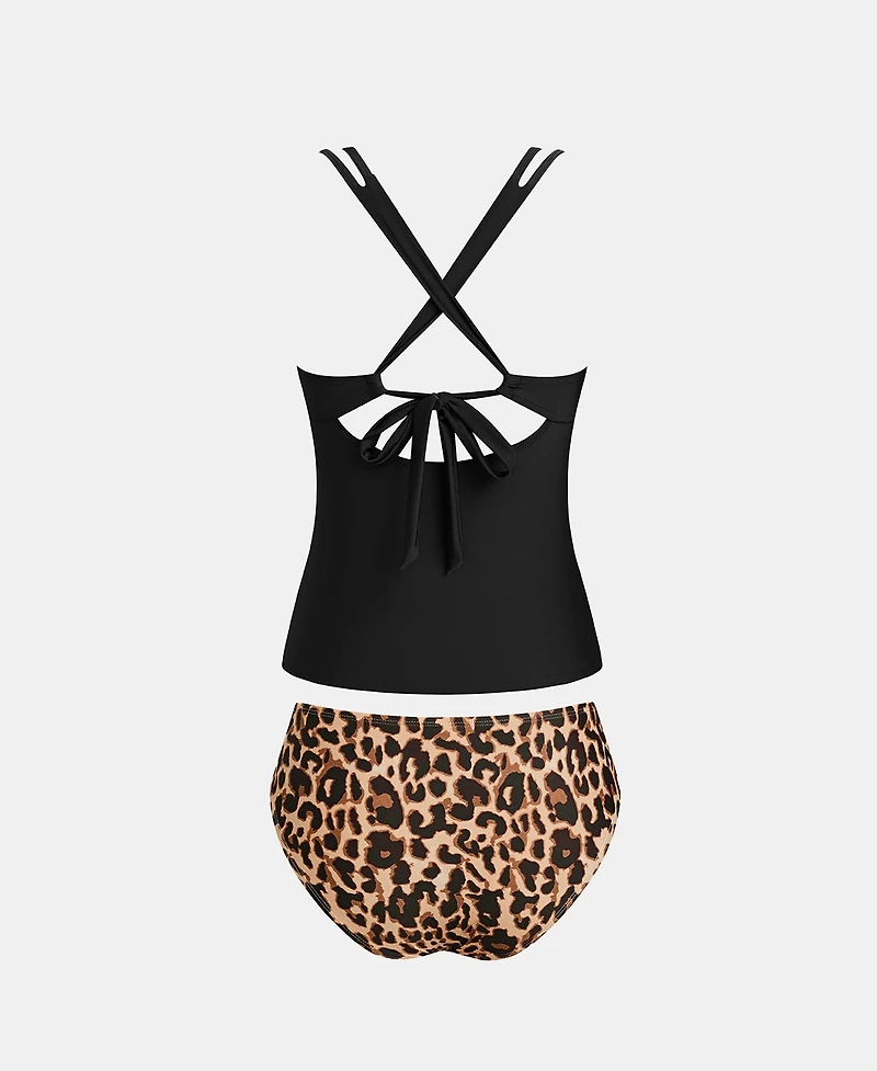 Cupshe Women's Crisscross Back Cutout Ruched Double Straps Tankini Sets