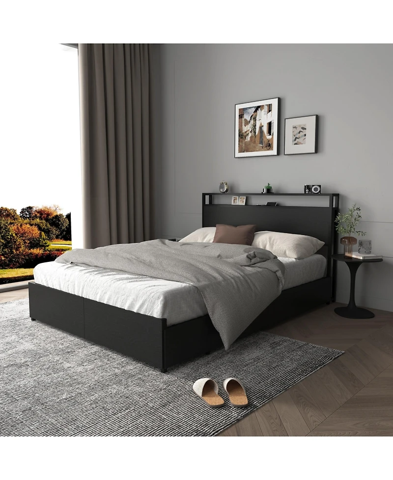 Lucky One Full Bed Frame, Storage Headboard with Charging Station, Solid and Stable, Noise Free