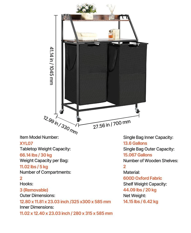 Ecooso 2-Tier Laundry Sorter, 2-Section Rolling Hamper with Wood Top, Ladder Shelves, Metal Frame, 600D Oxford Cloth Bags