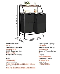 Ecooso 2-Tier Laundry Sorter, 2-Section Rolling Hamper with Wood Top, Ladder Shelves, Metal Frame, 600D Oxford Cloth Bags