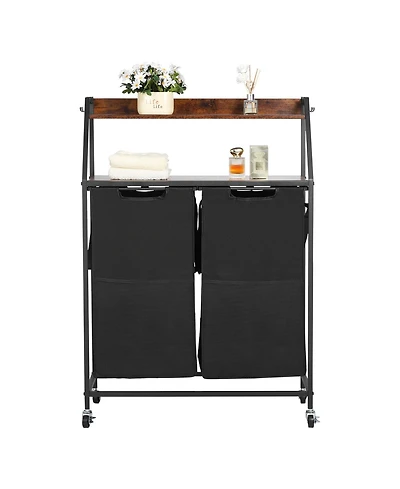 Ecooso 2-Tier Laundry Sorter, 2-Section Rolling Hamper with Wood Top, Ladder Shelves, Metal Frame, 600D Oxford Cloth Bags