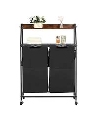 Ecooso 2-Tier Laundry Sorter, 2-Section Rolling Hamper with Wood Top, Ladder Shelves, Metal Frame, 600D Oxford Cloth Bags