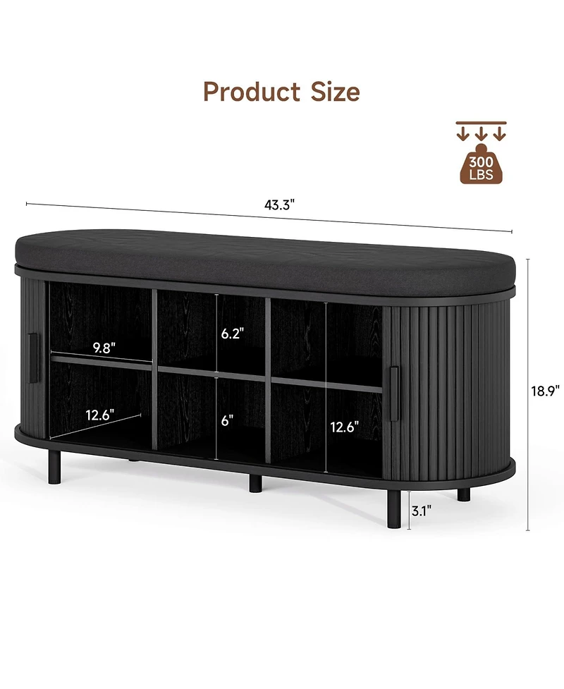 Yigii 43" Shoe Bench Storage Sliding Door Adjustable Shelf Fluted Cushion Entryway Hallway Living Room