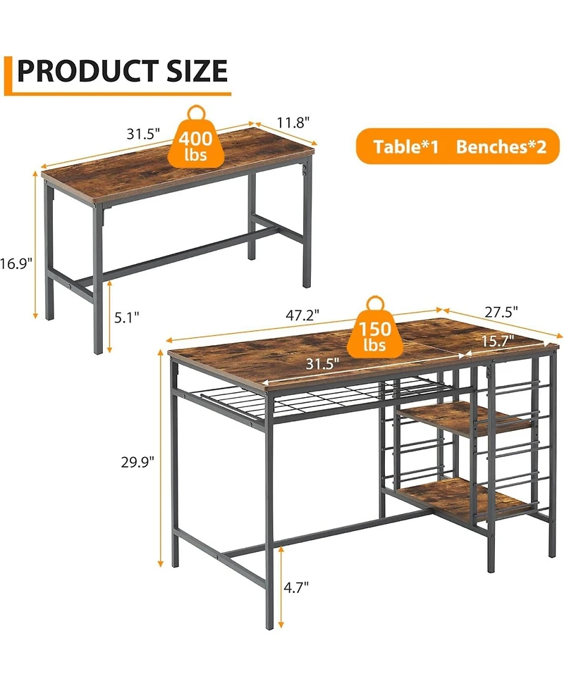 gaomon 3-Piece Dining Set for 4, Table with 2 Benches, Wine Rack & Storage