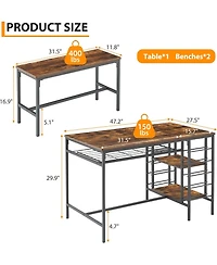 gaomon 3-Piece Dining Set for 4, Table with 2 Benches, Wine Rack & Storage