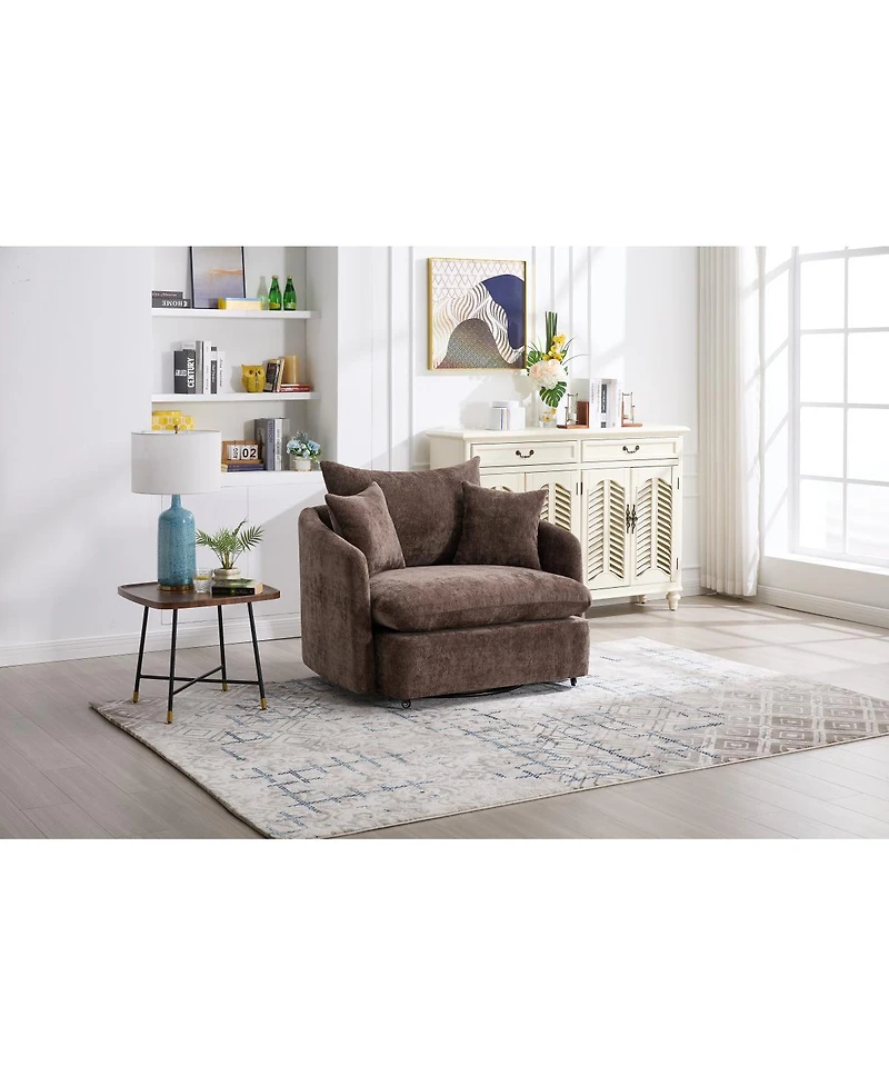 Streamdale Furniture 360degree(s) Swivel Oversized Armchair with 3 Pillows, Modern Brown Sofa Chair