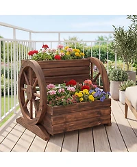 Sugift 2-Tier Raised Garden Bed Rustic Wood Wagon Shape with Drainage Holes and Wheels-Coffee