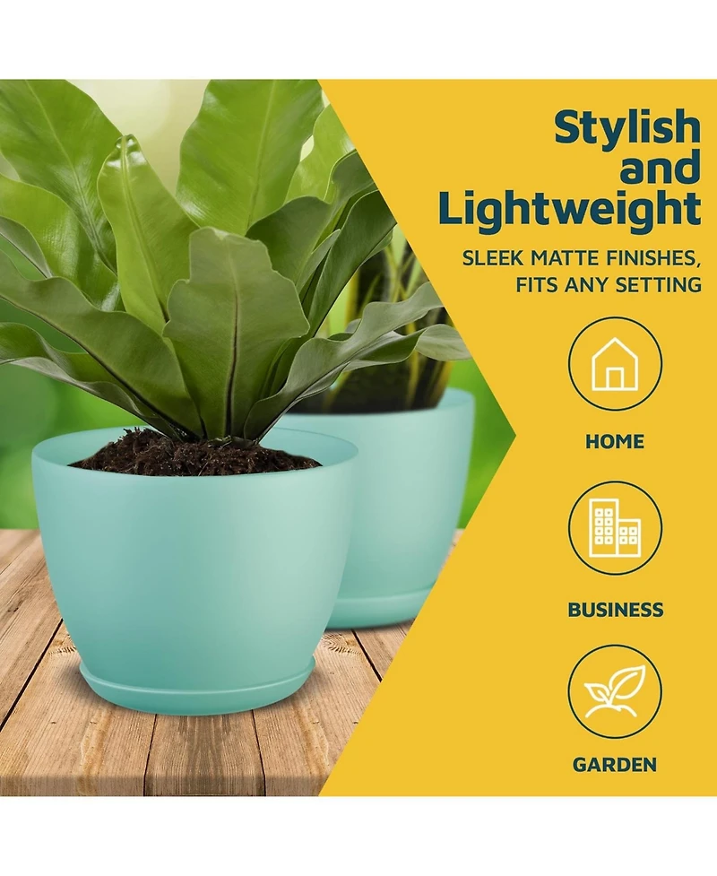 Lifemaster Set of 3 aqua plant pots with drainage holes and saucers. Stackable, durable, weatherproof, and perfect for indoor or outdoor use.