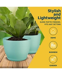 Lifemaster Set of 3 aqua plant pots with drainage holes and saucers. Stackable, durable, weatherproof, and perfect for indoor or outdoor use.