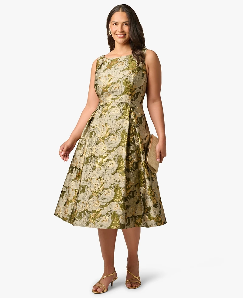 Adrianna Papell Plus Floral Jacquard Boat Neck Midi Dress