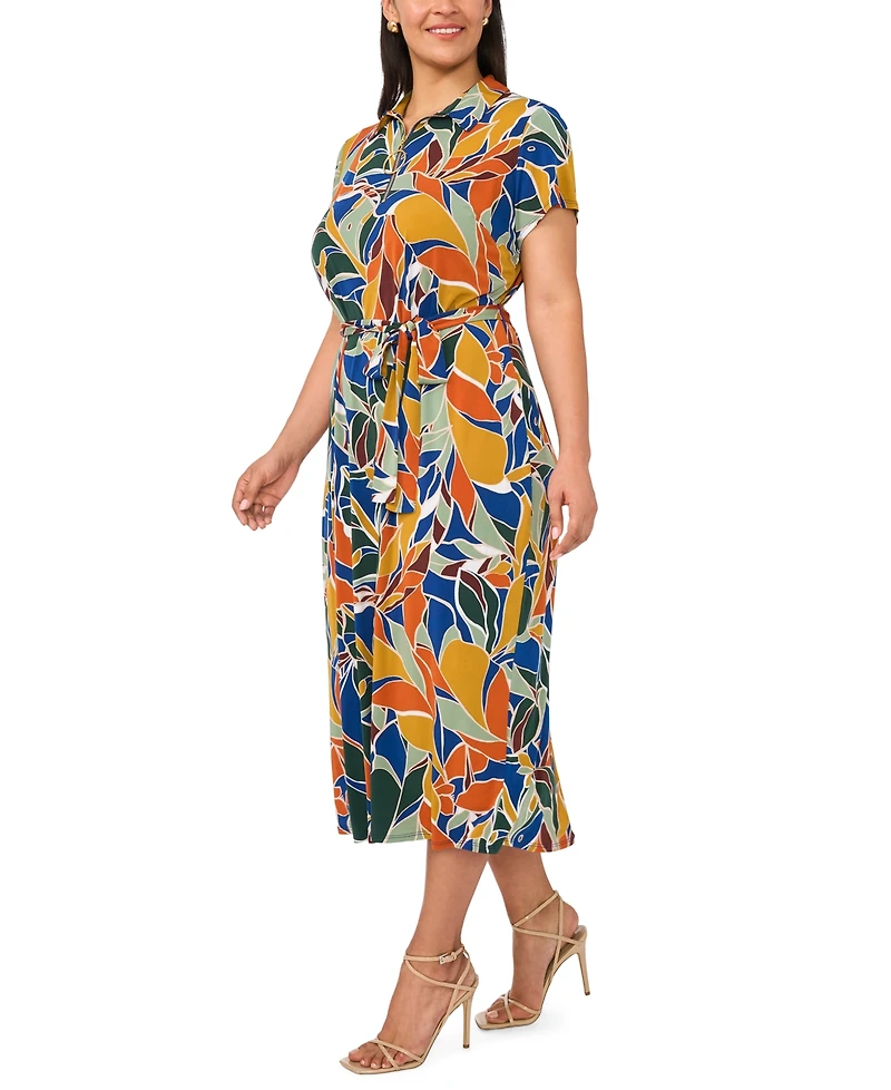Msk Plus Belted Collared Short-Sleeve Midi Dress