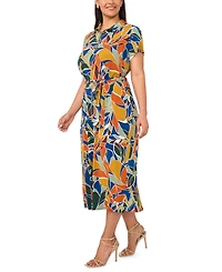 Msk Plus Belted Collared Short-Sleeve Midi Dress