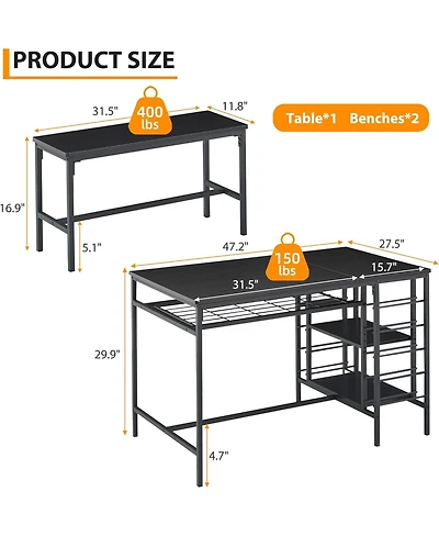 gaomon 3-Piece Dining Set for 4, Table with 2 Benches