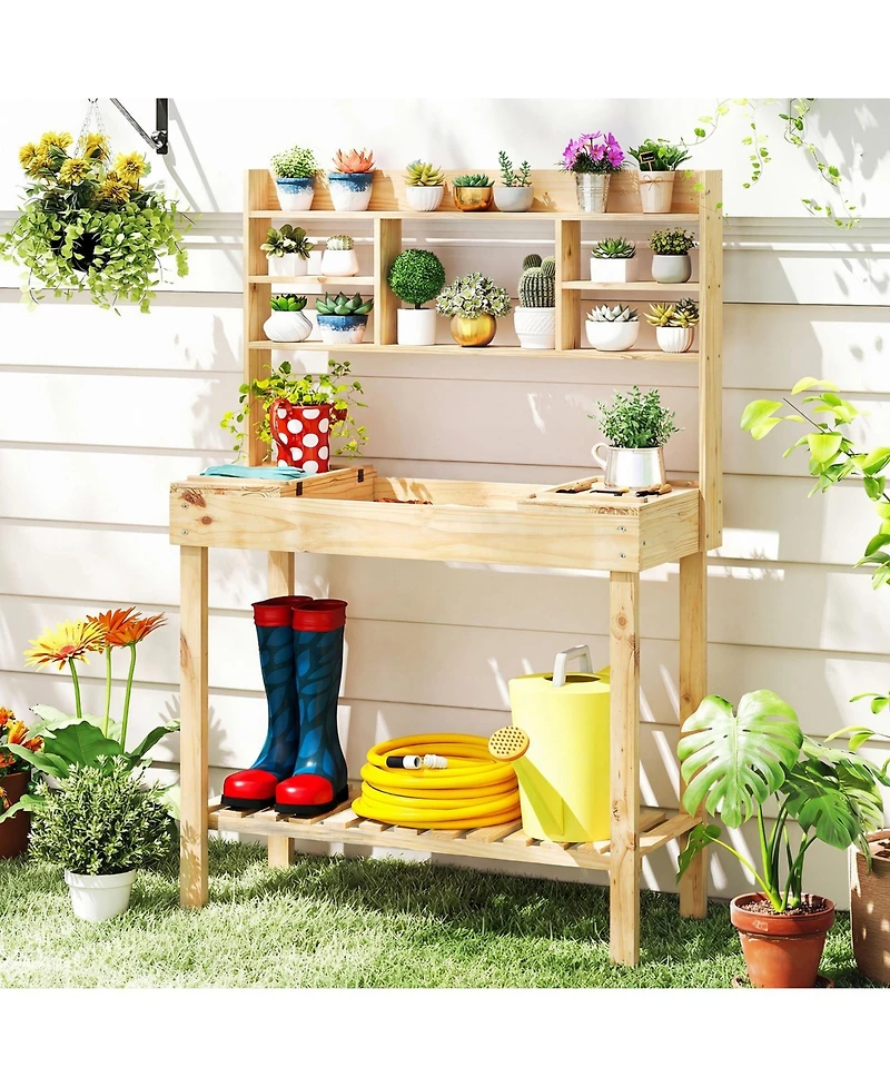 Sugift Wooden Potting Bench Table Garden Planting Workstation with 3-Tier Open Shelf