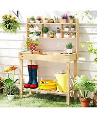 Sugift Wooden Potting Bench Table Garden Planting Workstation with 3-Tier Open Shelf