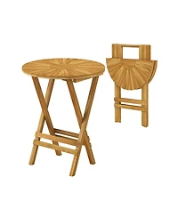 Clihome Patio Teak Wood Round Folding Side Table with Slatted Top & X-Frame, No Assembly Required