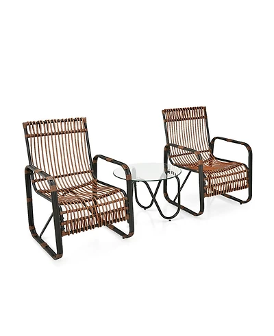 Clihome 3 Pieces Patio Rattan Furniture Set with 2 Wicker Chairs and Glass Side Table