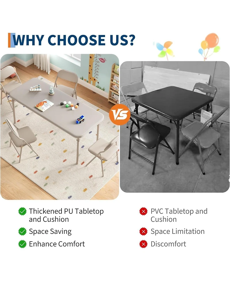 gaomon 5-Piece Kids Folding Table And Chairs Set With Ultra-Soft Cushion, Portable Children's Table Set