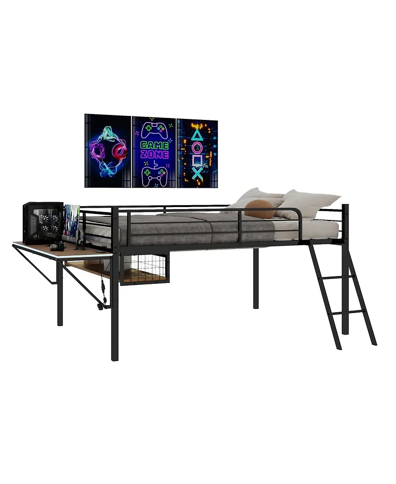 Streamdale Furniture Metal Loft Bed with Desk, Led Lights, and Storage