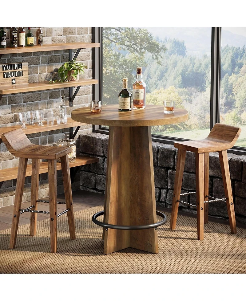 Tribesigns Tall Wooden Bar Table with Base and Metal Ring Footrest Round