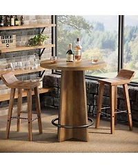 Tribesigns Tall Wooden Bar Table with Base and Metal Ring Footrest Round