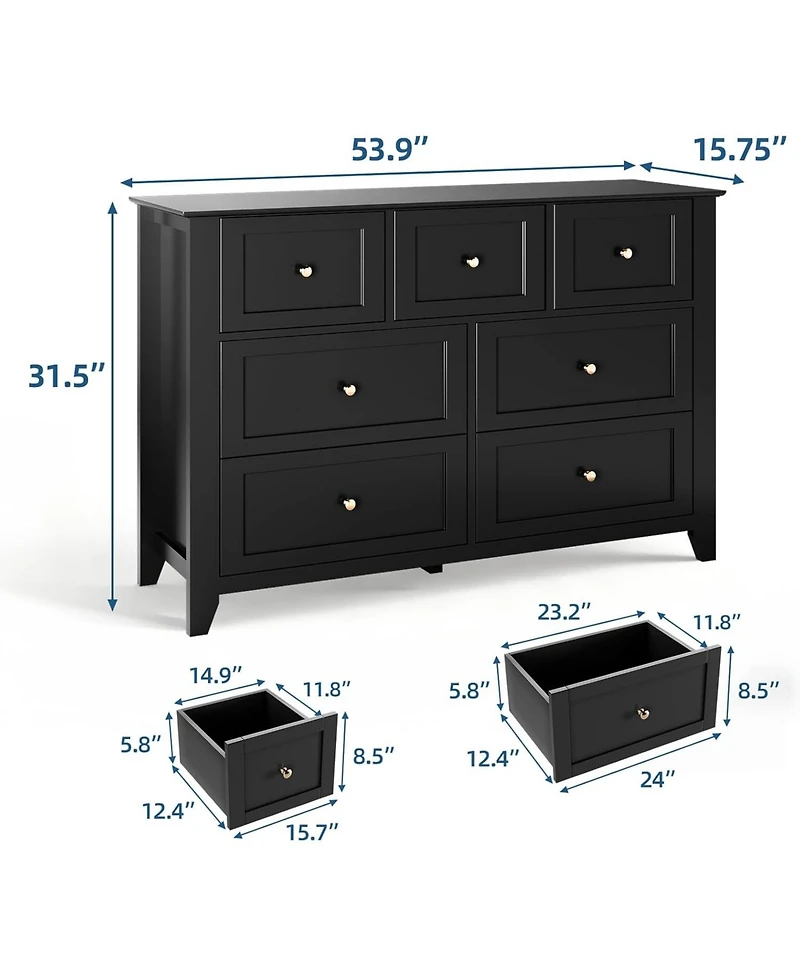gaomon 7 Drawer Dresser, Modern Wood Chest With Gold Handles, Large Storage For Bedroom Or Hallway