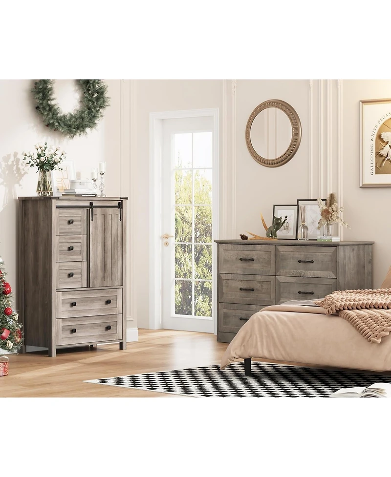 gaomon Farmhouse 5 Drawer Wood Dresser, 48" Tall Chest with Sliding Barn Door & Shelf
