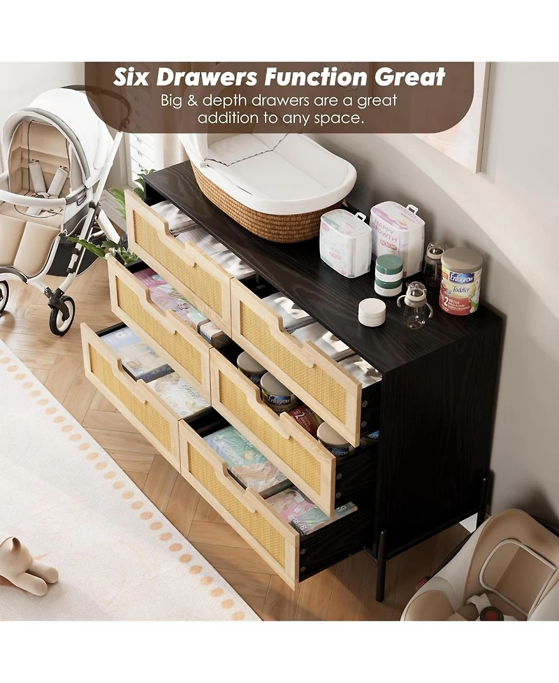 gaomon 6-Drawer Rattan Chest, Boho Wood Dresser for Bedroom