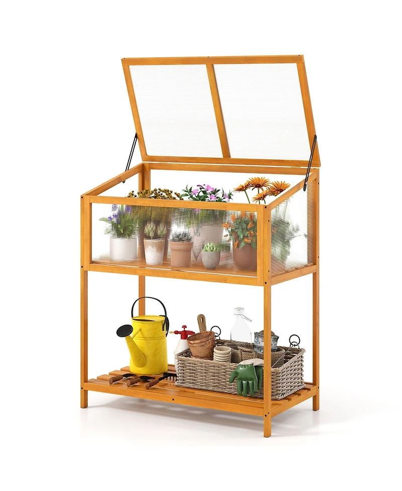 Sugift Wood Cold Frame Greenhouse with Transparent Openable Roof and Slatted Storage Shelf