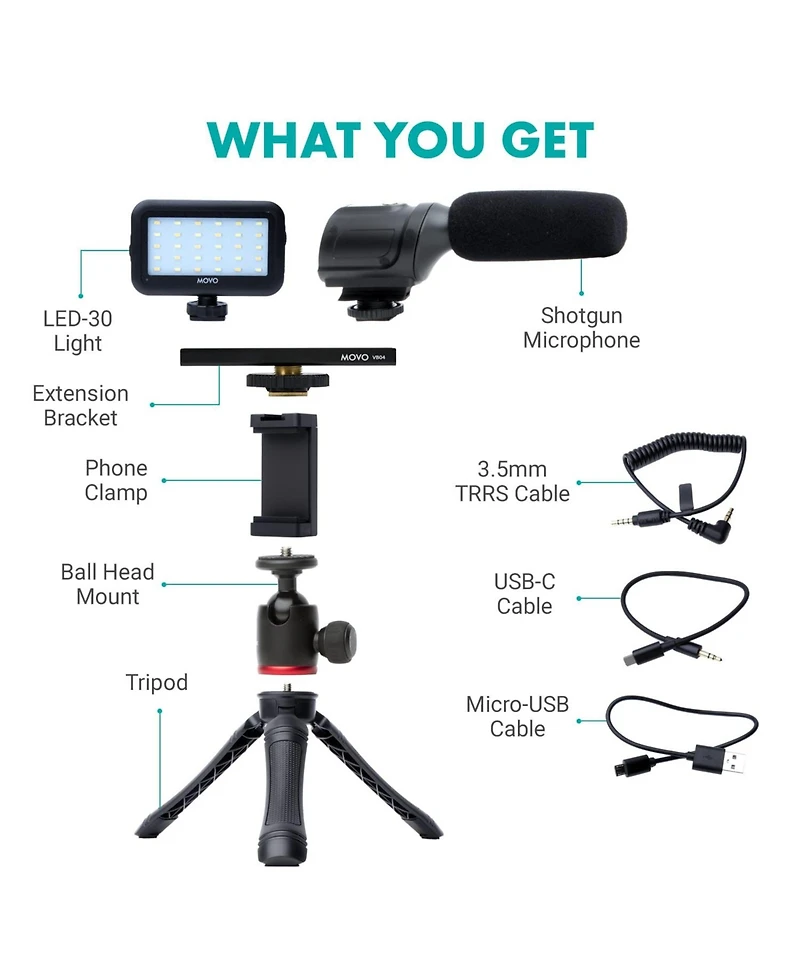 Movo uVlogger Kit for Android with Light, Mic, Phone Mount, Tripod