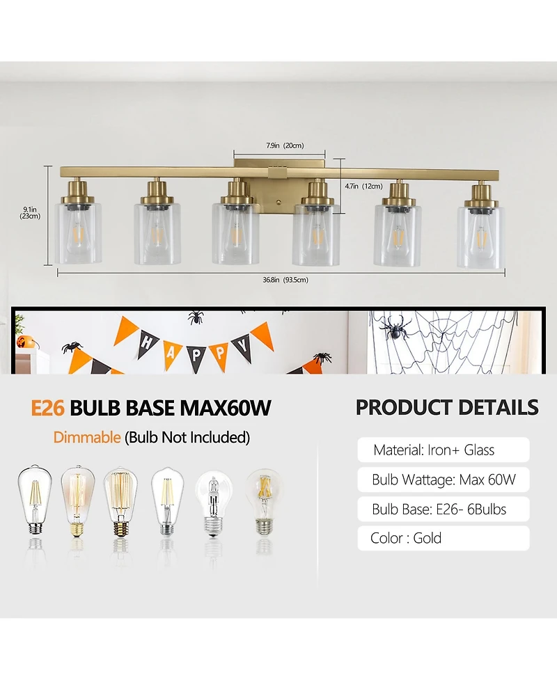 Busdays 37-Inch 6-Light Vanity Light with Clear Glass Shades, Modern Iron Bathroom Wall Fixture for Mirror No Bulbs