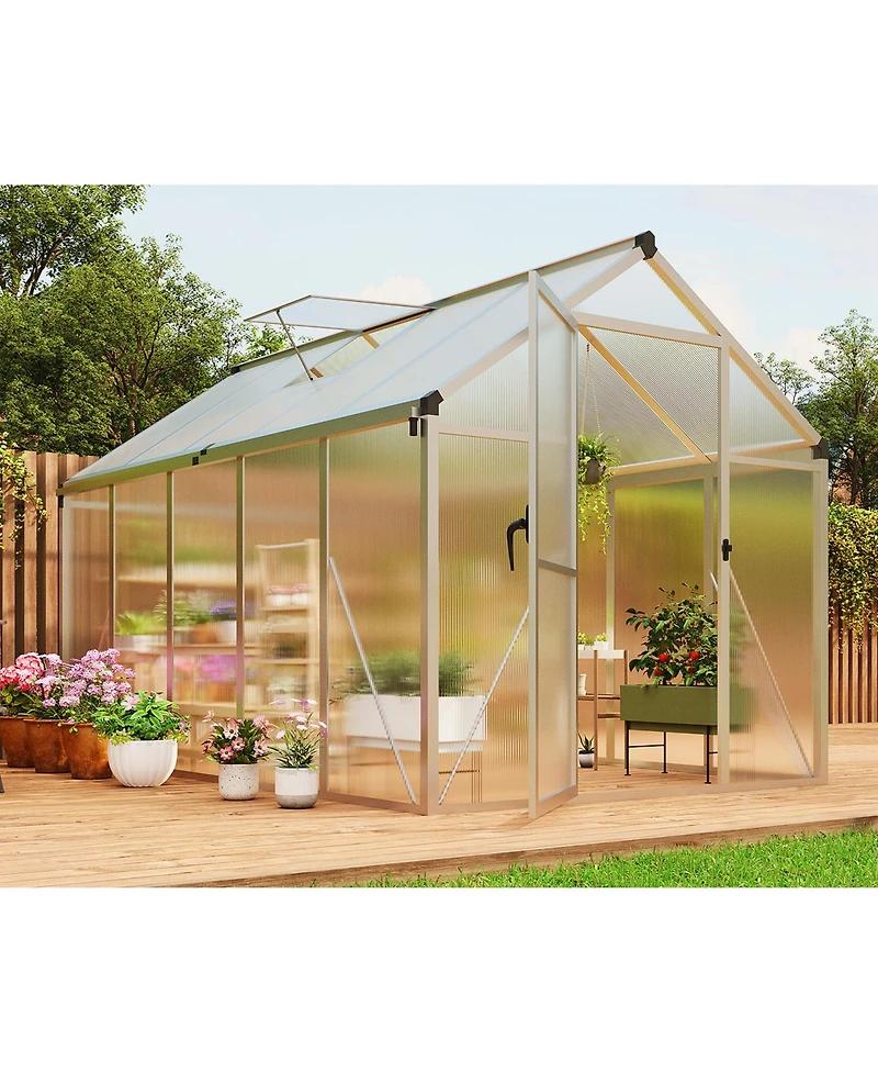 gaomon Outdoor Polycarbonate Greenhouse, Walk-In Hobby Greenhouse with Sliding Doors, Adjustable Roof Vent and Aluminum Frame
