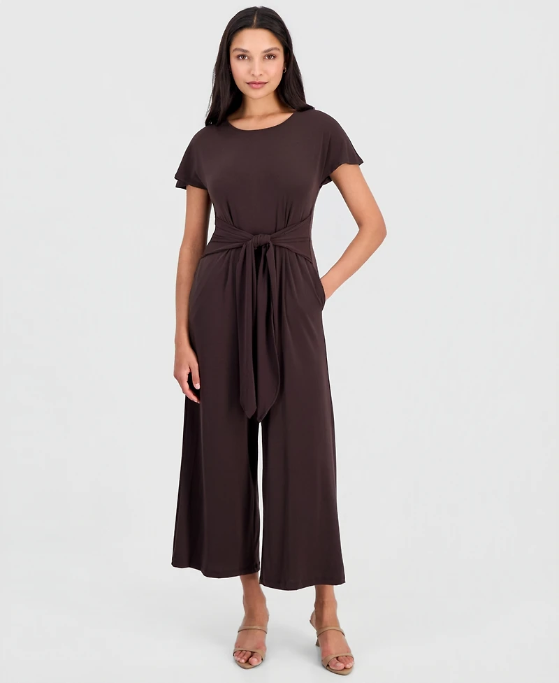 Robbie Bee Women's Round-Neck Tie-Waist Jumpsuit