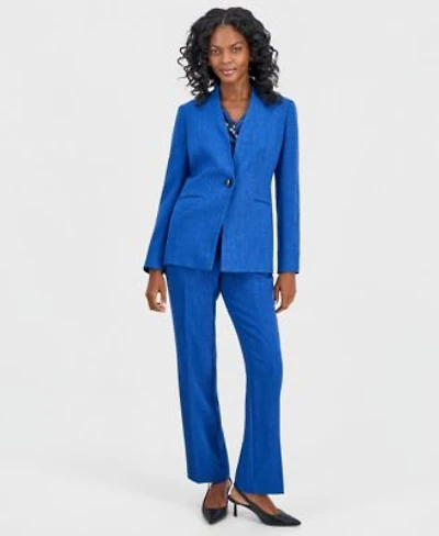 Kasper Womens Collarless One Button Jacket Printed Cowl Neck Cap Sleeve Top Textured High Rise Straight Leg Trousers Regular Petite