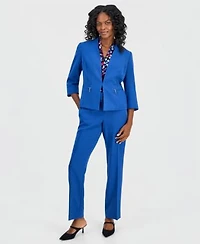 Kasper Womens Collarless Zip Pocket Cuffed Sleeve Jacket Printed V Neck Short Sleeve Top Ava Straight Leg Pants