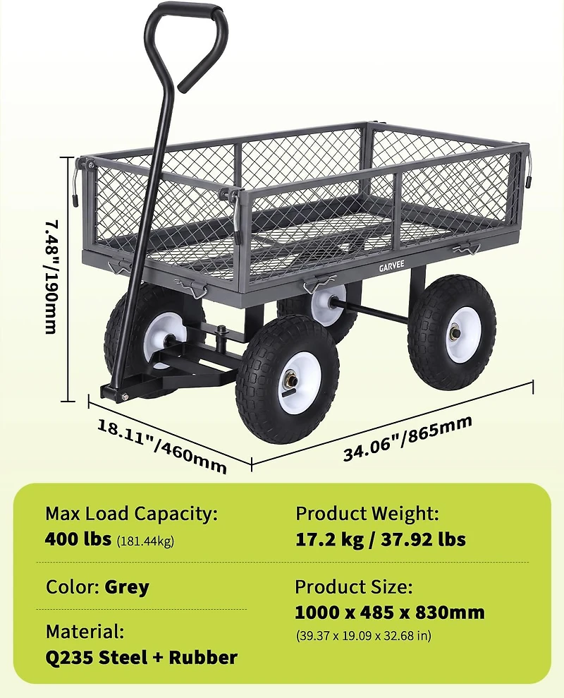 gaomon 400 lbs Heavy Duty Steel Garden Cart with Removable Mesh Sides 10in All-Terrain Pneumatic Tires 180 Rotating Handle Utility Wagon
