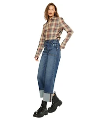 KanCan Women's High Rise Cuffed Wide Leg Jeans